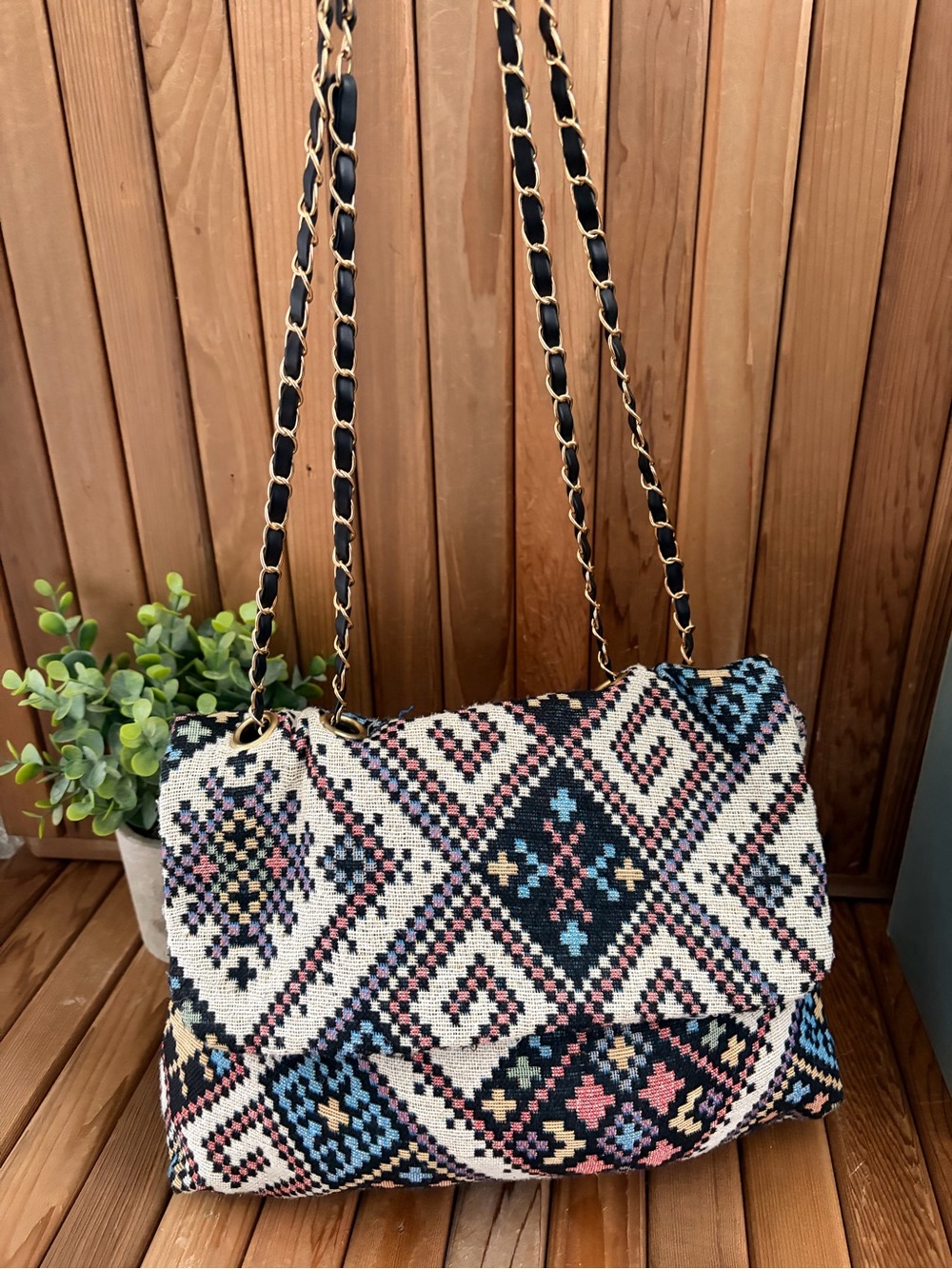 Boho Tapestry Crossbody and Convertible Shoulder Purse in Woven Geometric Print